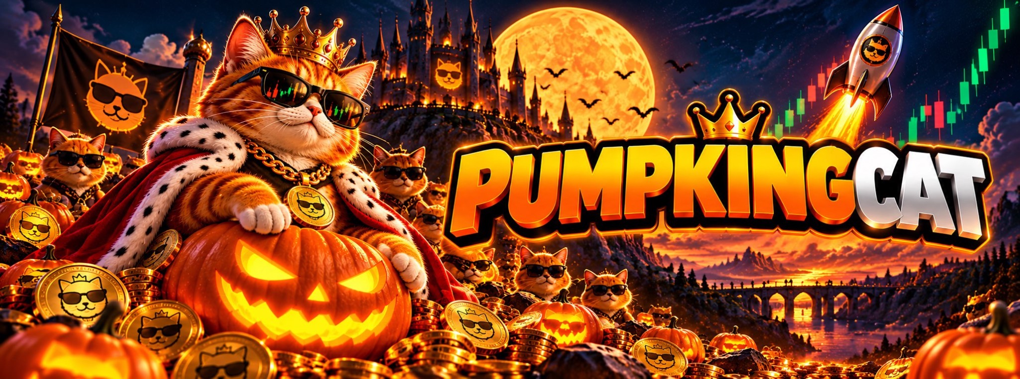 PUMPKINGCAT and its royal cat army among glowing pumpkins, beneath a golden moon and a Halloween castle